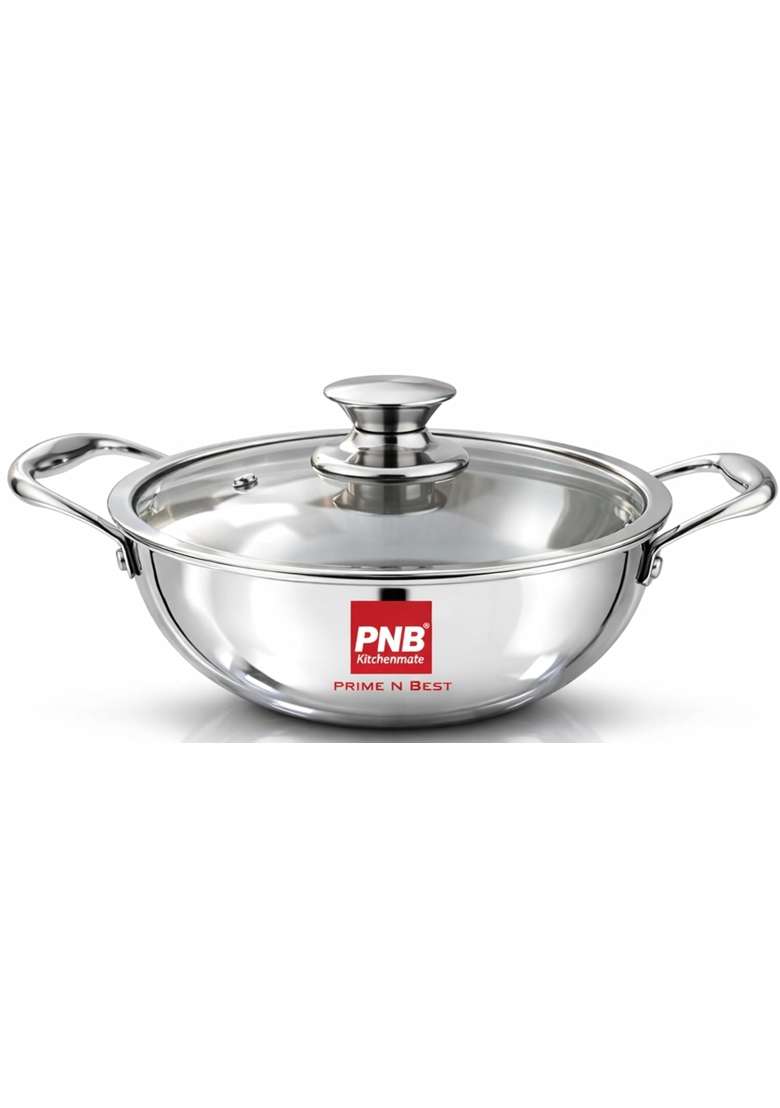 PNB Kitchenmate Triply Stainless Steel Kadai Wok | 2.5 L | 2.6 Qt | 24 cm | 9.4 Inch | Induction Compatible | With Lid - Indya