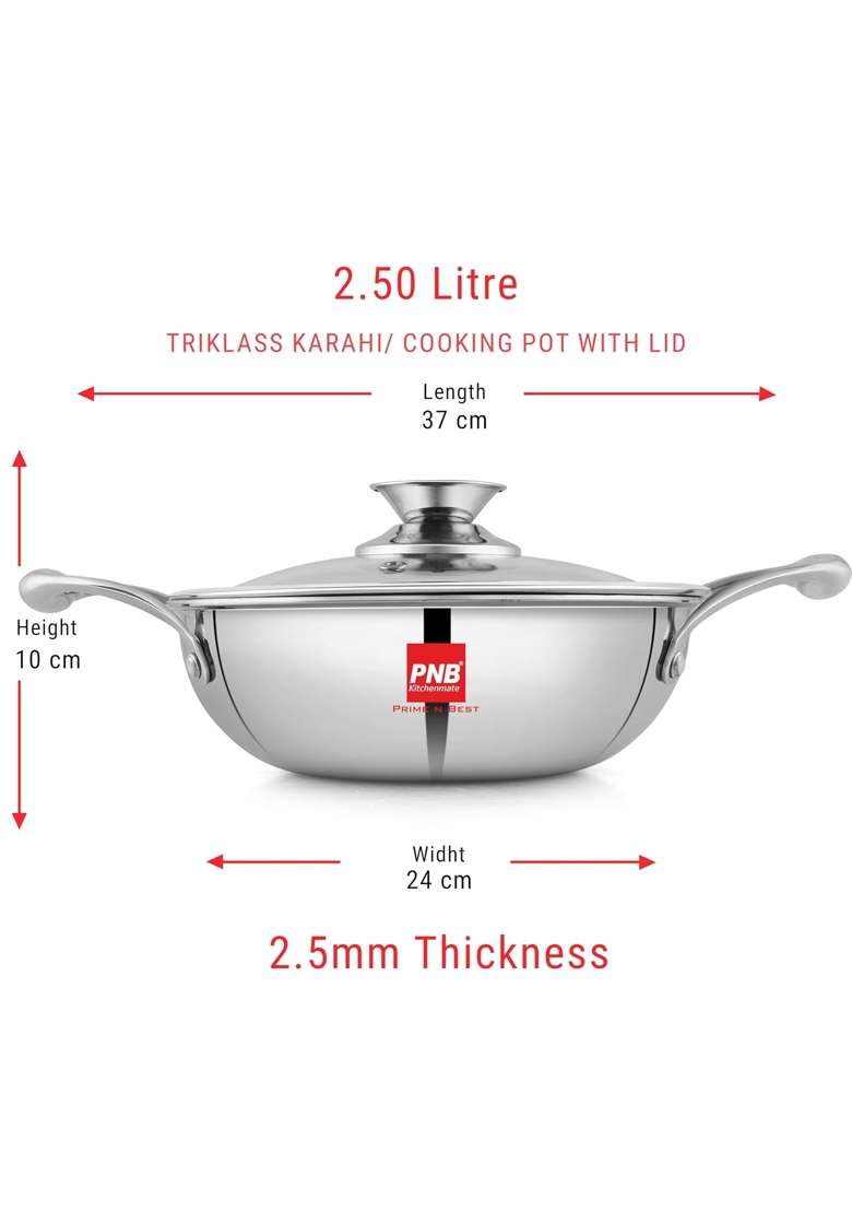 PNB Kitchenmate Triply Stainless Steel Kadai Wok | 2.5 L | 2.6 Qt | 24 cm | 9.4 Inch | Induction Compatible | With Lid - Indya