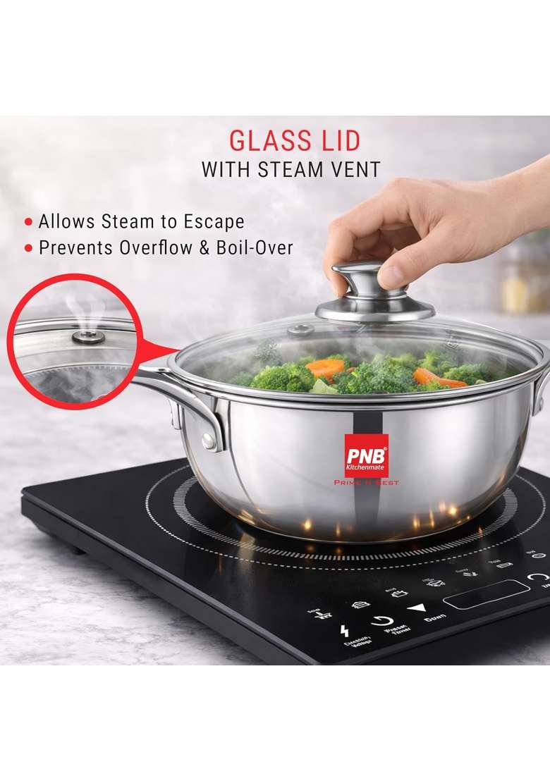 PNB Kitchenmate Triply Stainless Steel Kadai Wok | 2.5 L | 2.6 Qt | 24 cm | 9.4 Inch | Induction Compatible | With Lid - Indya