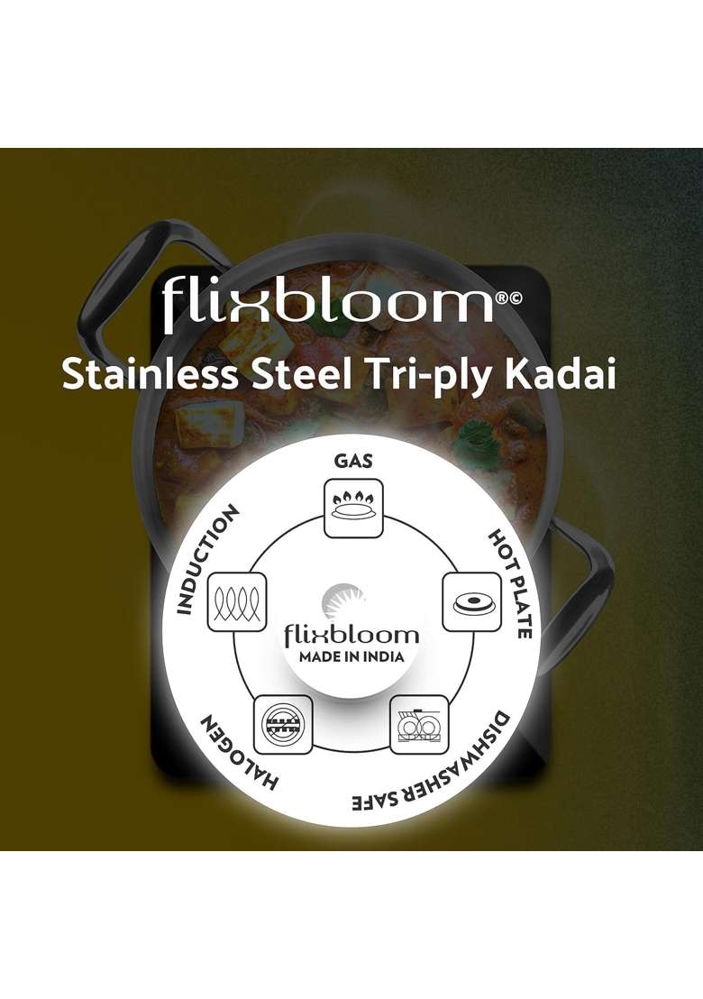 FLIXBLOOM Future Kitchen Stainless Steel Triply Thick Gauge Induction Base LPG Friendly | 1.5 L | 1.6 Qt | With Lid - Indya