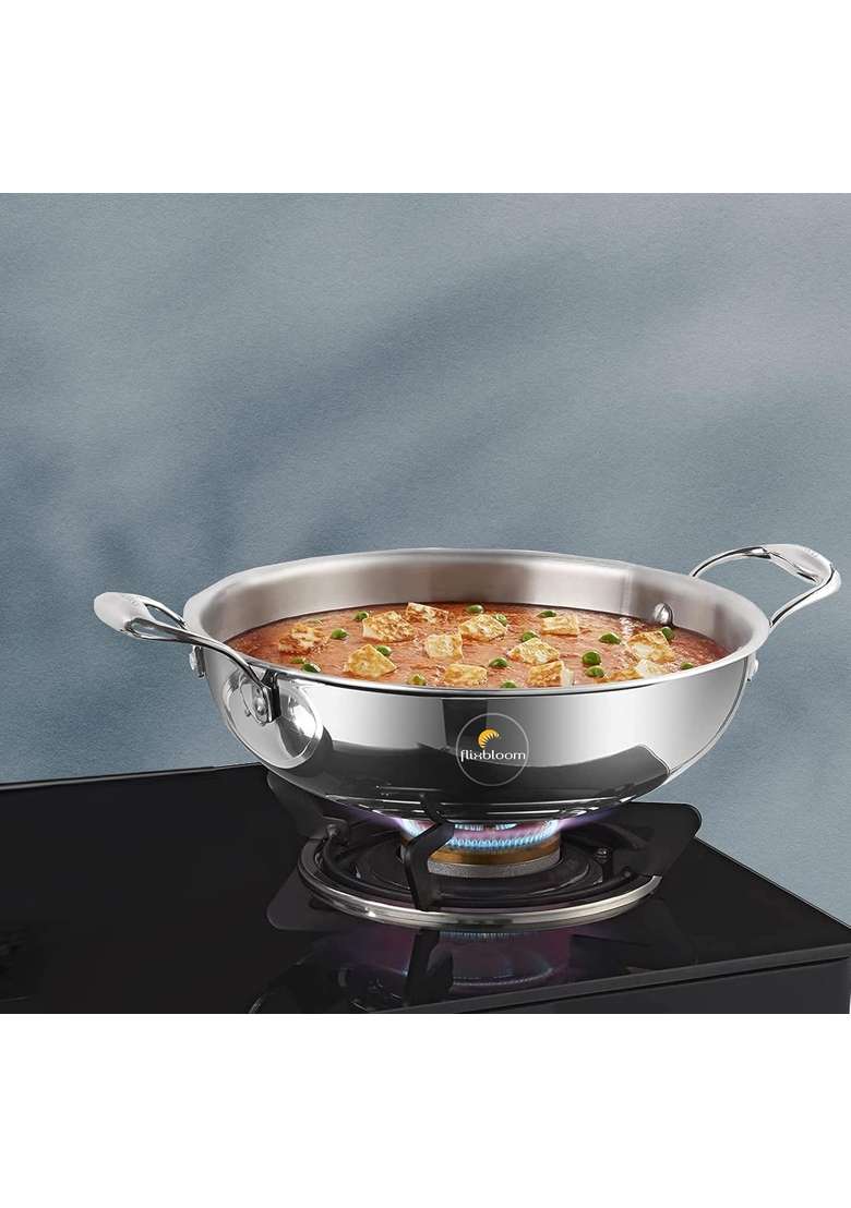 FLIXBLOOM Perfect Stainless Steel Induction Stovetop Compatible Extra Deep Cookware Kadai Wok | 4 L | 4.2 Qt - Indya