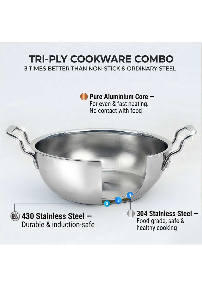 SOLARA Sterra Stainless Steel Cookware | 1.7 L | 1.8 Qt | 22 cm | 8.7 Inch | 2-Piece Set | Induction Compatible | Tri-Ply | With Lid - Indya