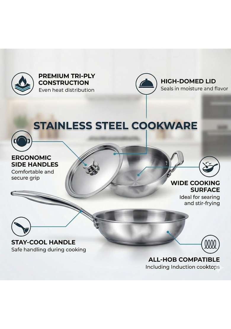 SOLARA Sterra Stainless Steel Cookware | 1.7 L | 1.8 Qt | 22 cm | 8.7 Inch | 2-Piece Set | Induction Compatible | Tri-Ply | With Lid - Indya