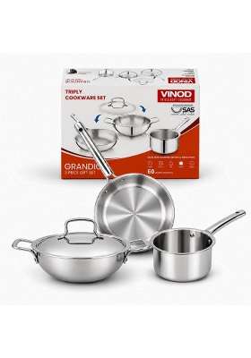 Vinod Grandior Triply Stainless Steel Cookware Set | 2.3 L | 2.4 Qt | 22 cm | 8.7 Inch | 4-Piece Set | Induction Compatible | Non-Toxic | Food Safe