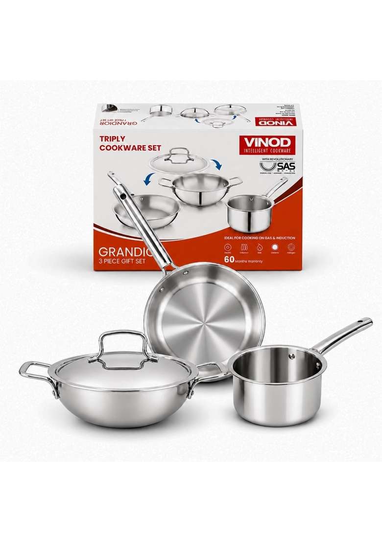 Vinod Grandior Triply Stainless Steel Cookware Set | 2.3 L | 2.4 Qt | 22 cm | 8.7 Inch | 4-Piece Set | Induction Compatible | Non-Toxic | Food Safe - Indya