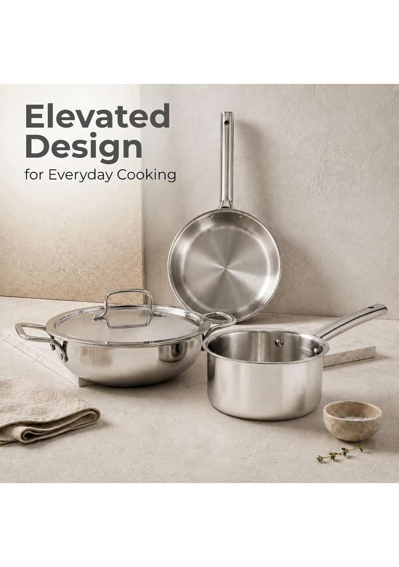 Vinod Grandior Triply Stainless Steel Cookware Set | 2.3 L | 2.4 Qt | 22 cm | 8.7 Inch | 4-Piece Set | Induction Compatible | Non-Toxic | Food Safe - Indya