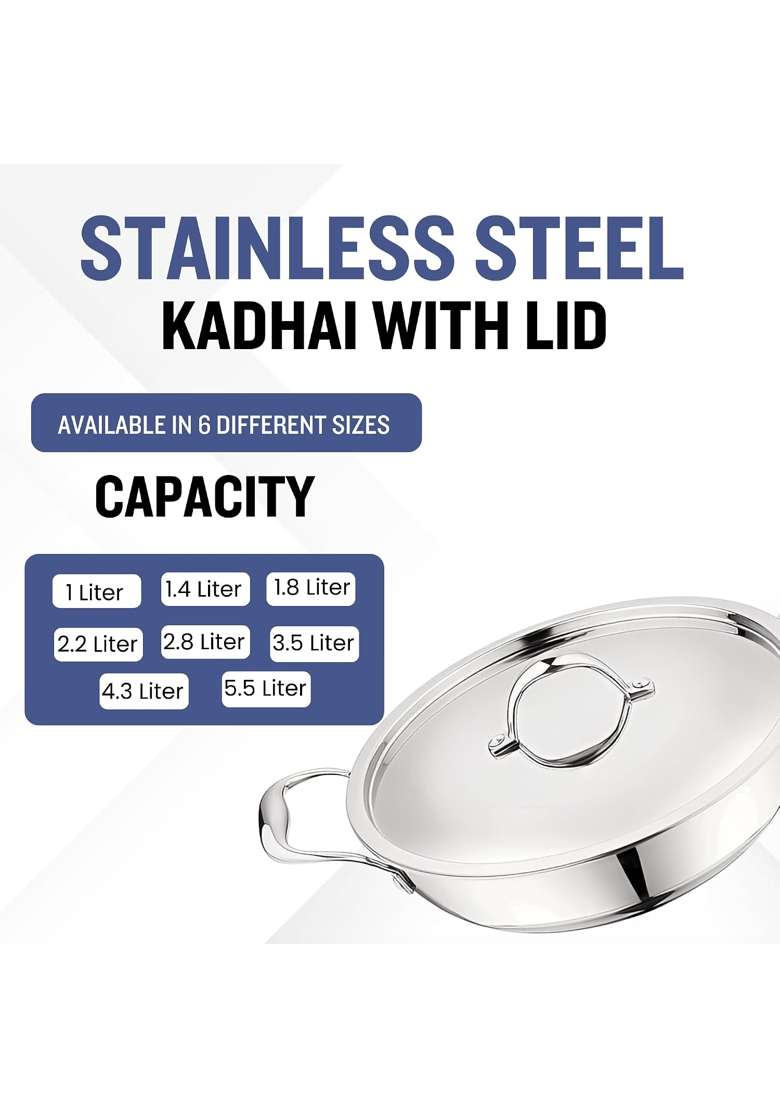 Prabha Tri-Ply Kadhai Wok Stainless Steel | 5.5 L | 5.8 Qt | 30 cm | 11.8 Inch | Induction Compatible | With Lid | Food Safe - Indya