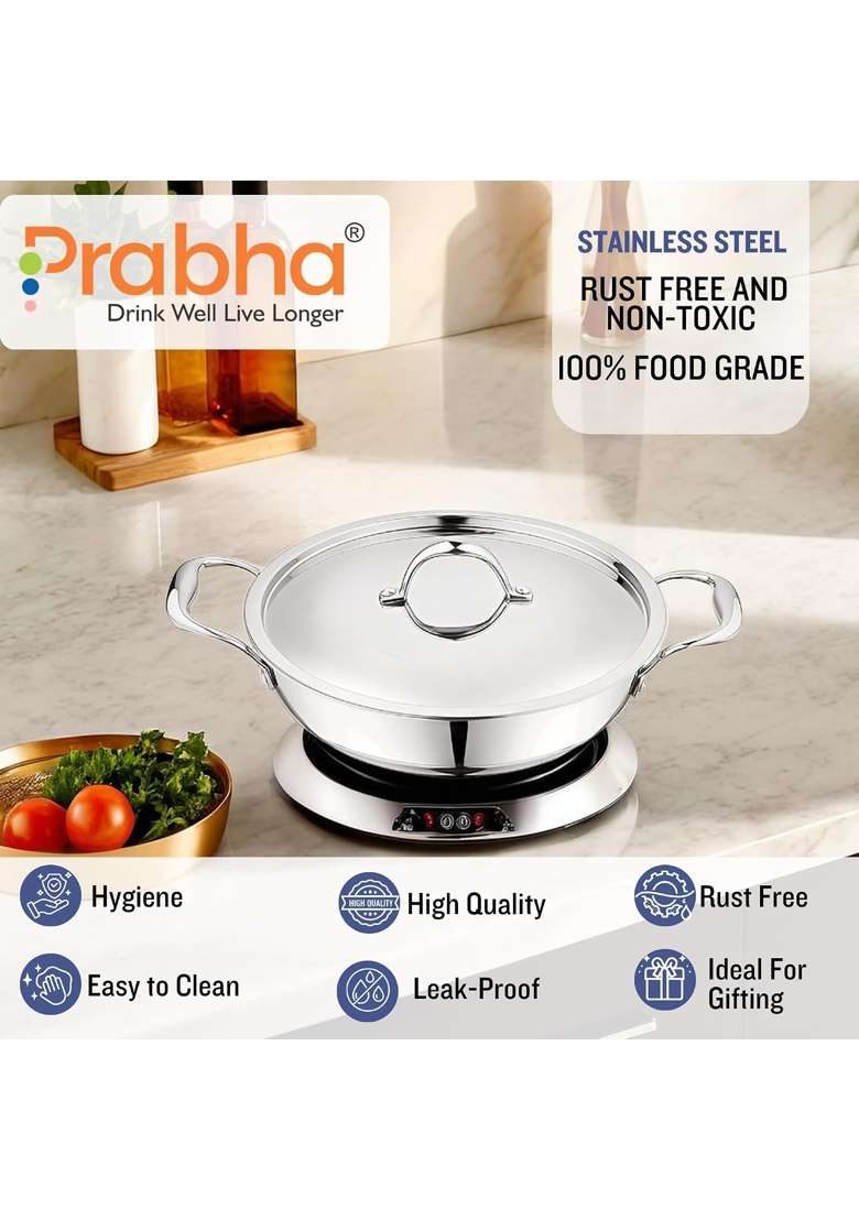 Prabha Tri-Ply Kadhai Wok Stainless Steel | 5.5 L | 5.8 Qt | 30 cm | 11.8 Inch | Induction Compatible | With Lid | Food Safe - Indya