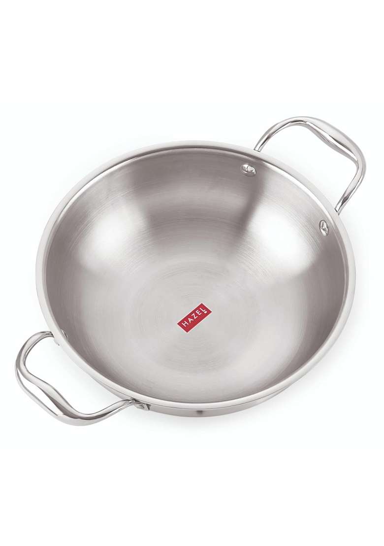 HAZEL Triply Stainless Steel Kadhai Wok Induction Base | 1500 ml | 50.7 fl oz | 20.5 cm | 8.1 Inch - Indya