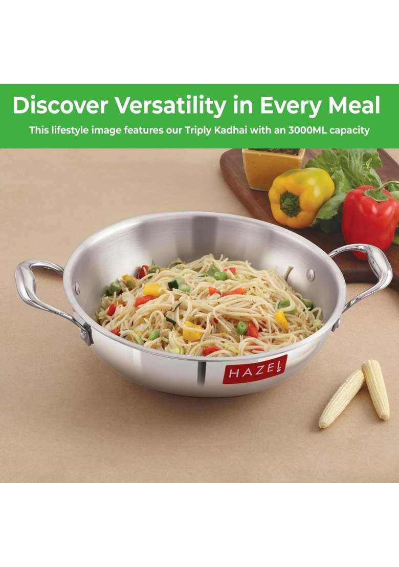 HAZEL Triply Stainless Steel Kadhai Wok Induction Base | 1500 ml | 50.7 fl oz | 20.5 cm | 8.1 Inch - Indya