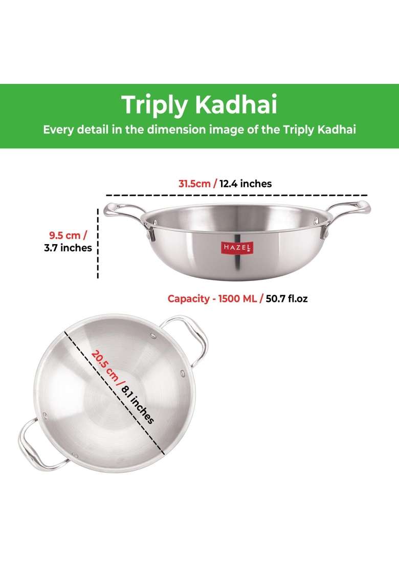 HAZEL Triply Stainless Steel Kadhai Wok Induction Base | 1500 ml | 50.7 fl oz | 20.5 cm | 8.1 Inch - Indya