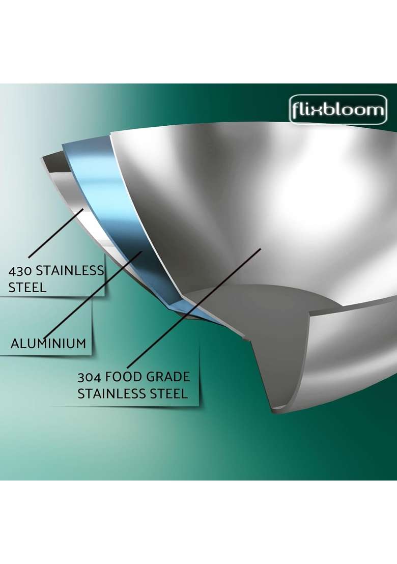 FLIXBLOOM Modern TriPlus Stainless Steel Kitchen Cookware Triply Kadai Wok Induction Base | 3 L | 3.2 Qt - Indya