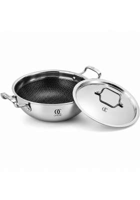 Omichef Triply Honeycomb Kadai Wok Kadhai with Stainless Steel Lid | 3 L | 3.2 Qt | 24 cm | 9.4 Inch | Induction Compatible | Non-Toxic