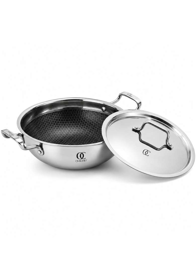 Omichef Triply Honeycomb Kadai Wok Kadhai with Stainless Steel Lid | 3 L | 3.2 Qt | 24 cm | 9.4 Inch | Induction Compatible | Non-Toxic - Indya