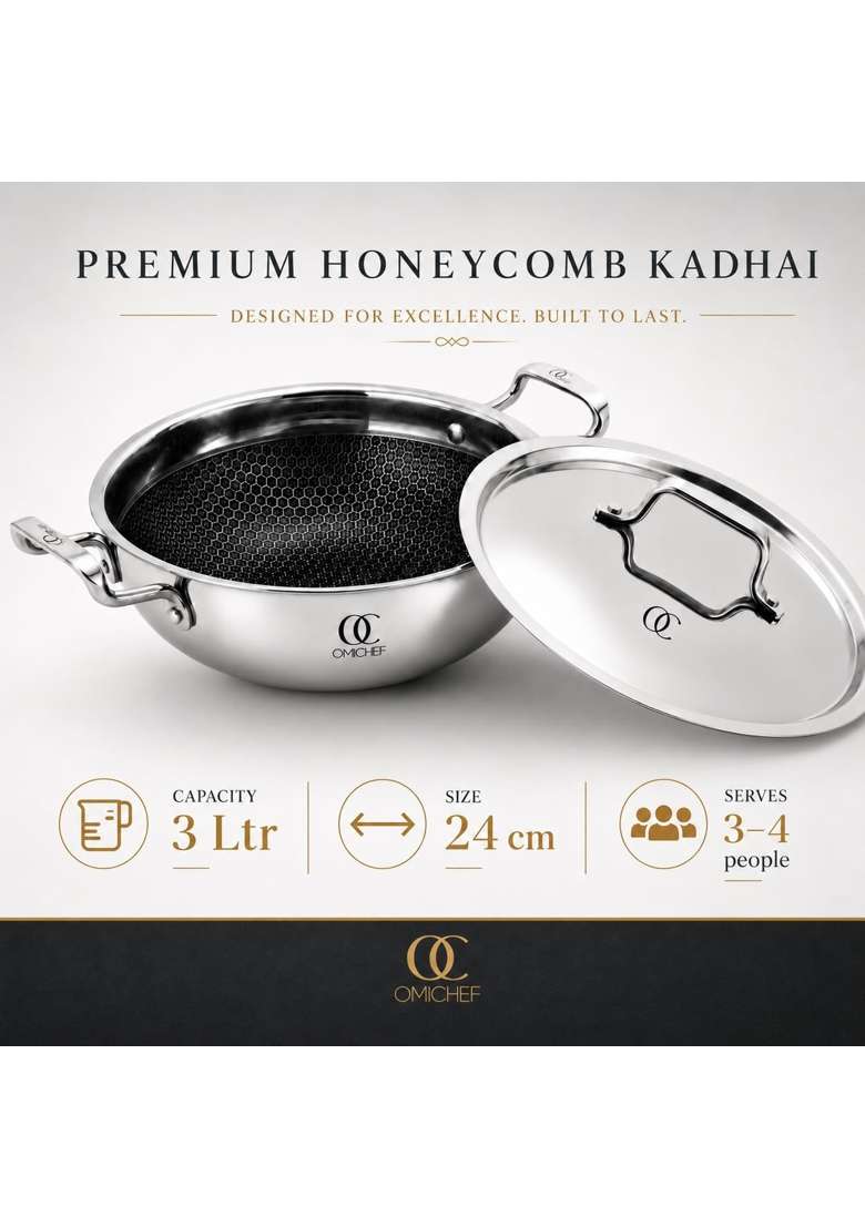 Omichef Triply Honeycomb Kadai Wok Kadhai with Stainless Steel Lid | 3 L | 3.2 Qt | 24 cm | 9.4 Inch | Induction Compatible | Non-Toxic - Indya