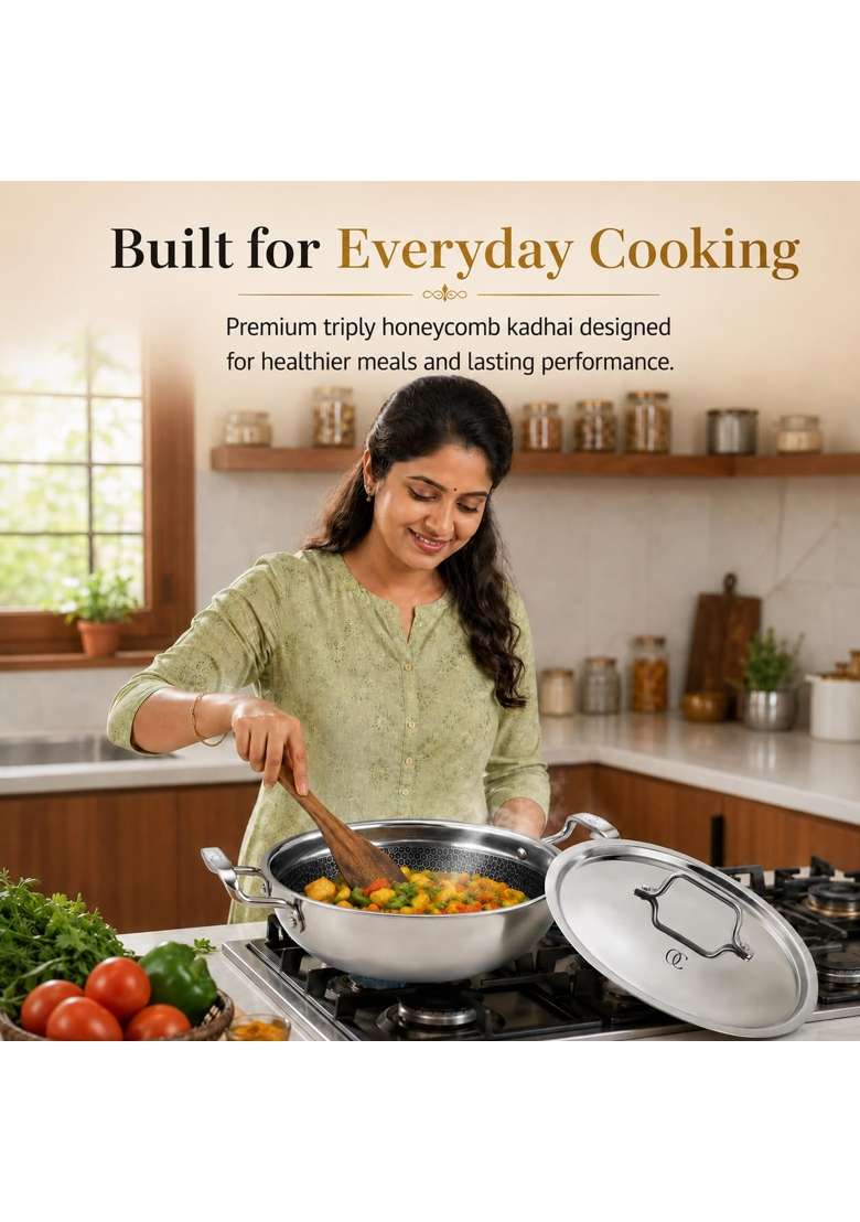 Omichef Triply Honeycomb Kadai Wok Kadhai with Stainless Steel Lid | 3 L | 3.2 Qt | 24 cm | 9.4 Inch | Induction Compatible | Non-Toxic - Indya
