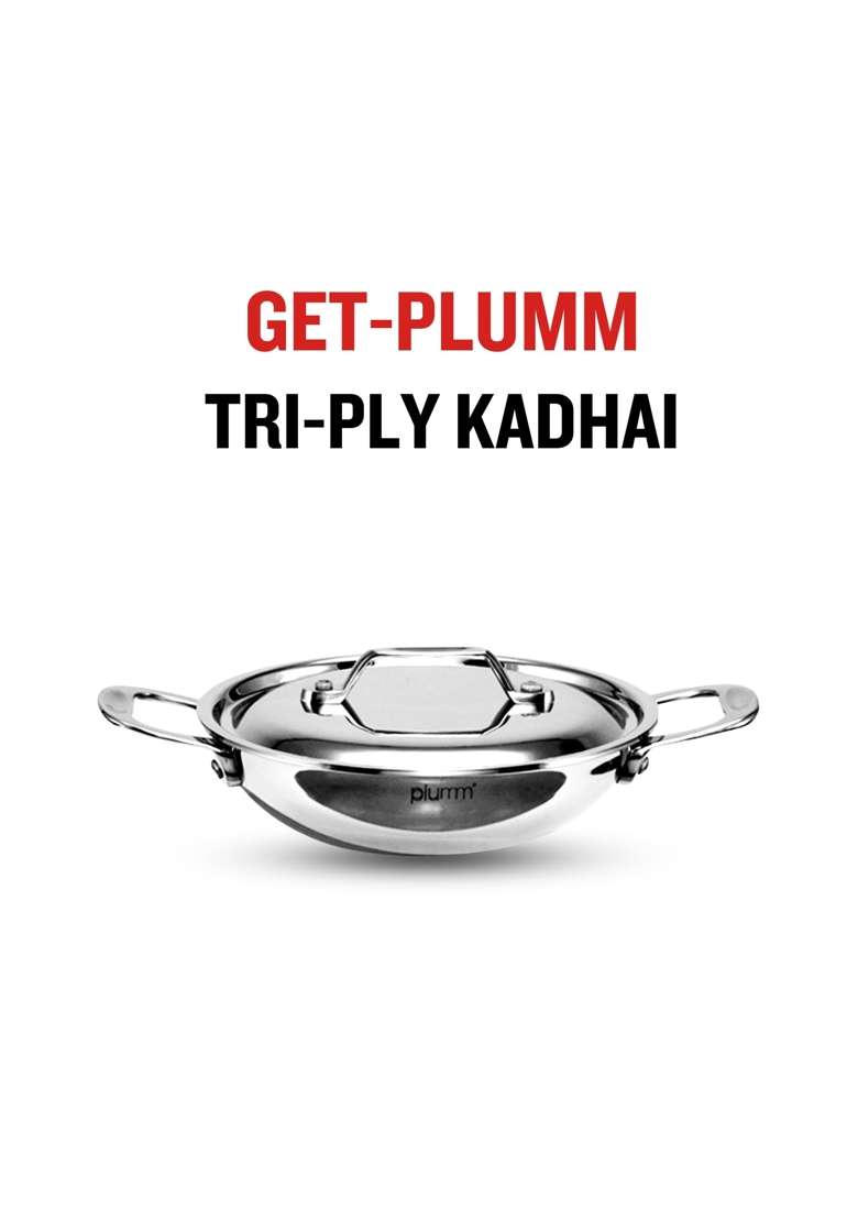 PLUMM Get Kadhai Wok Stainless Steel Kadai with Lid | 3 L | 3.2 Qt | 24 cm | 9.4 Inch | Induction Compatible | Tri-Ply - Indya