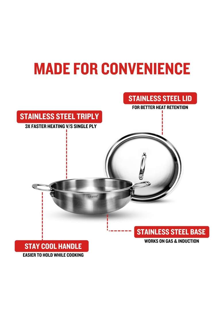 PLUMM Get Kadhai Wok Stainless Steel Kadai with Lid | 3 L | 3.2 Qt | 24 cm | 9.4 Inch | Induction Compatible | Tri-Ply - Indya