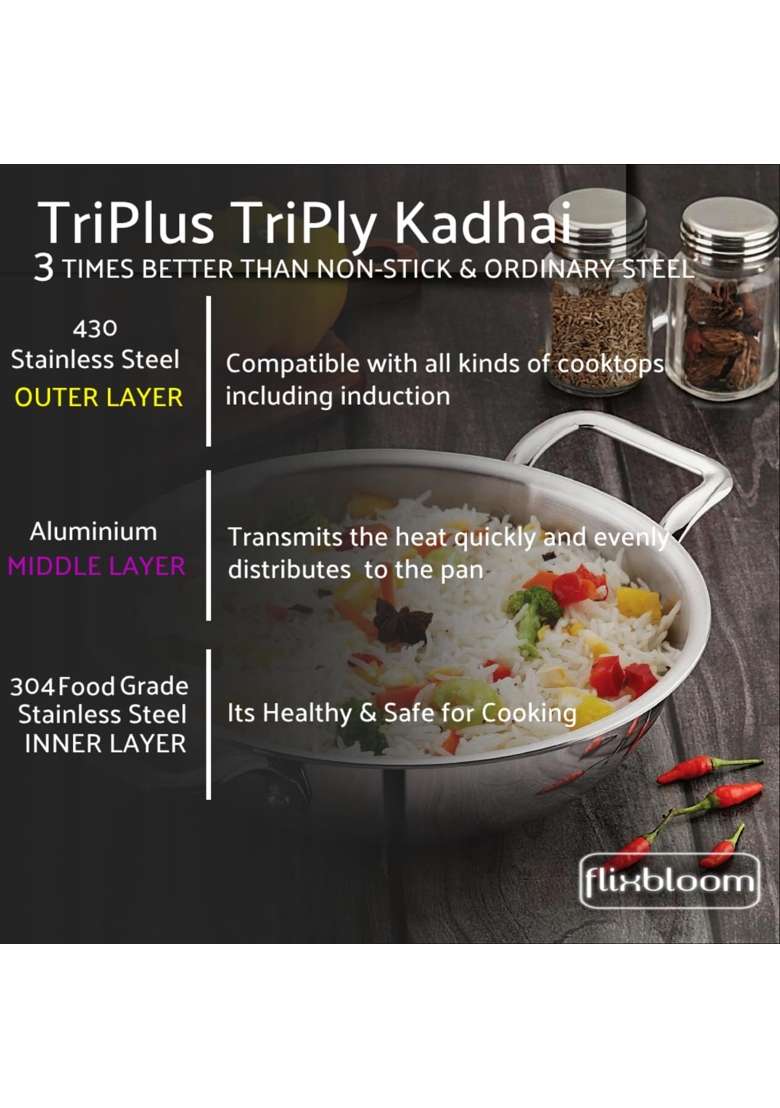 FLIXBLOOM Urban TriPlus Stainless Steel Kitchen Cookware Triply Kadai Wok Induction Base | 2 L | 2.1 Qt - Indya