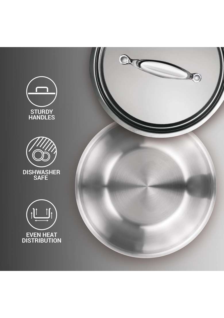 FLIXBLOOM Urban Triply Thick Stainless Steel Induction Base LPG Friendly Kitchen Cookware | 2 L | 2.1 Qt | With Lid | Food Safe | Rust Resistant - Indya