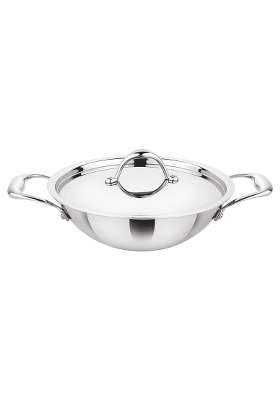 Prabha Prima Kadhai Wok Flat Bottom with Lid | 3.5 L | 3.7 Qt | 26 cm | 10.2 Inch | Induction Compatible