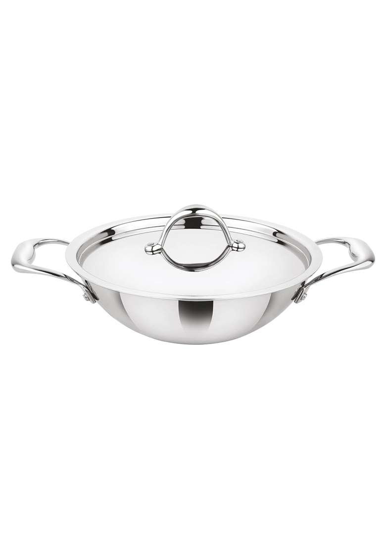 Prabha Prima Kadhai Wok Flat Bottom with Lid | 3.5 L | 3.7 Qt | 26 cm | 10.2 Inch | Induction Compatible - Indya