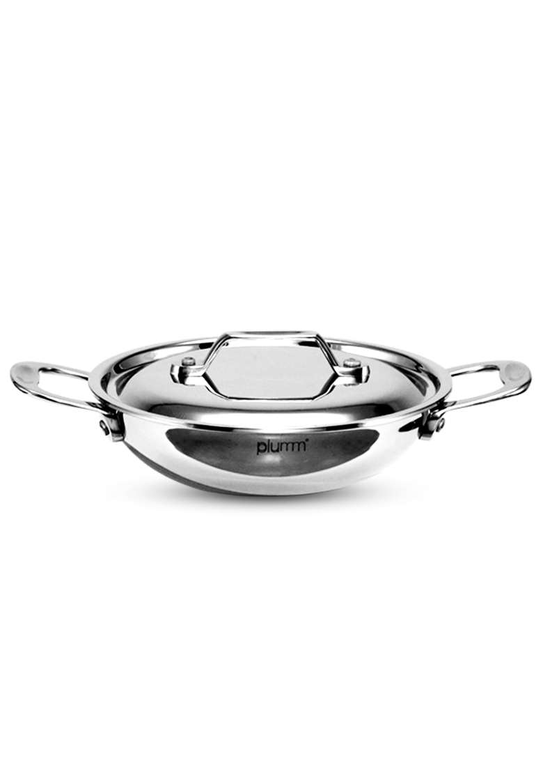 PLUMM Get Kadhai Wok Stainless Steel Kadai with Lid | 3 L | 3.2 Qt | 24 cm | 9.4 Inch | Induction Compatible | Tri-Ply - Indya