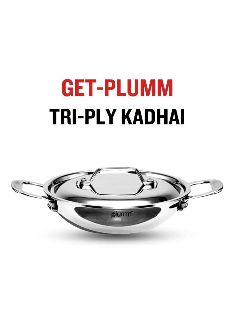 PLUMM Get Kadhai Wok Stainless Steel Kadai with Lid | 3 L | 3.2 Qt | 24 cm | 9.4 Inch | Induction Compatible | Tri-Ply - Indya