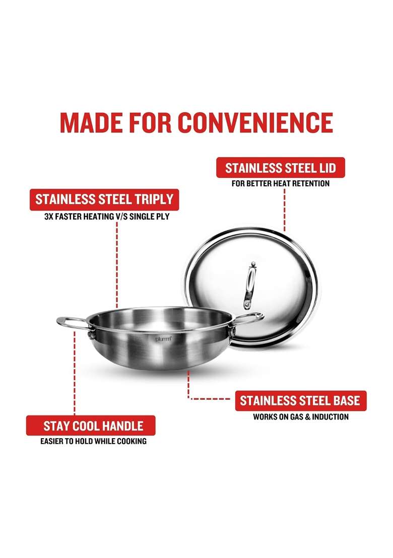 PLUMM Get Kadhai Wok Stainless Steel Kadai with Lid | 3 L | 3.2 Qt | 24 cm | 9.4 Inch | Induction Compatible | Tri-Ply - Indya