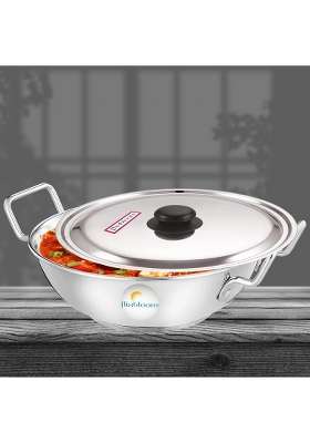 FLIXBLOOM Special Stainless Steel Kadai Wok with Lid Induction and Gas Stove Friendly Deep | 3.5 L | 3.7 Qt