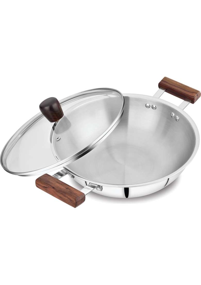 Chakmak Iroko Triply Stainless Steel Kadhai Wok with Glass Lid | 3.5 L | 3.7 Qt | 26 cm | 10.2 Inch | Induction Compatible - Indya
