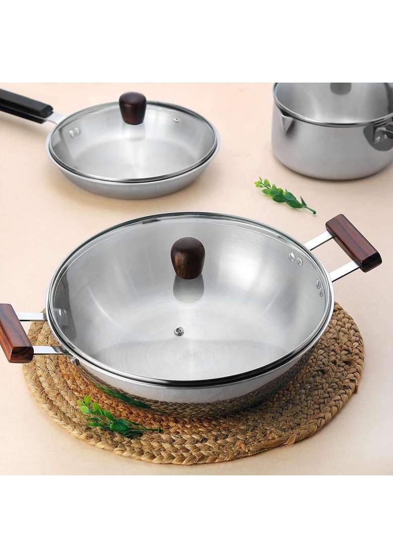 Chakmak Iroko Triply Stainless Steel Kadhai Wok with Glass Lid | 3.5 L | 3.7 Qt | 26 cm | 10.2 Inch | Induction Compatible - Indya