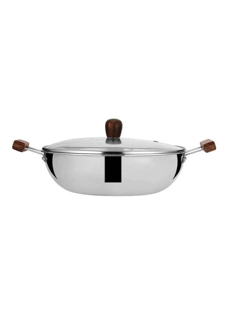 Chakmak Iroko Triply Stainless Steel Kadhai Wok with Glass Lid | 3.5 L | 3.7 Qt | 26 cm | 10.2 Inch | Induction Compatible - Indya