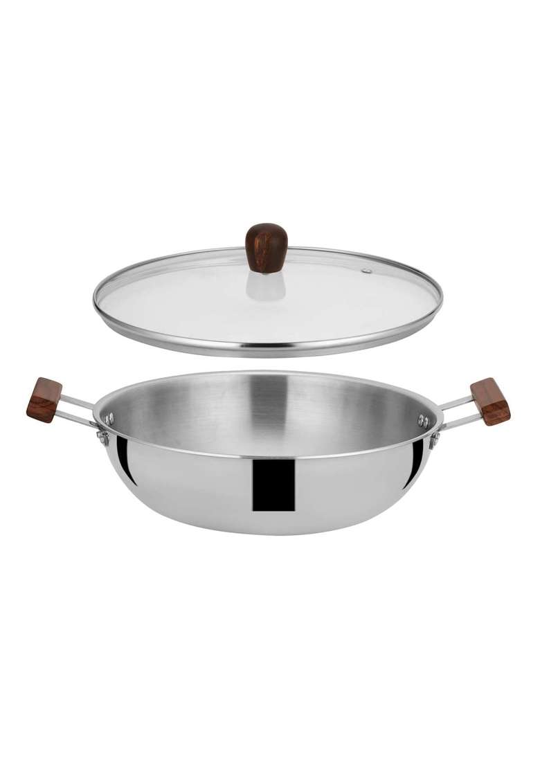 Chakmak Iroko Triply Stainless Steel Kadhai Wok with Glass Lid | 3.5 L | 3.7 Qt | 26 cm | 10.2 Inch | Induction Compatible - Indya