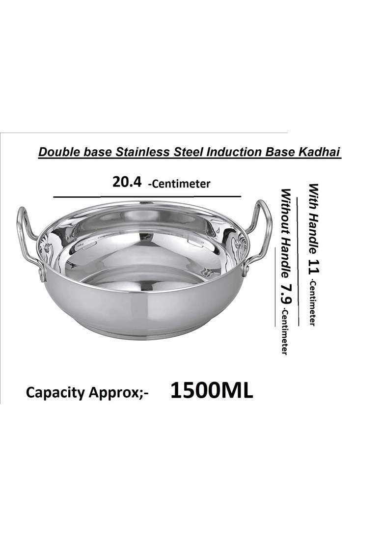 Bartan Star Steel Stainless Induction Base Kadai Wok for Cooking | 2000 ml | 67.6 fl oz - Indya