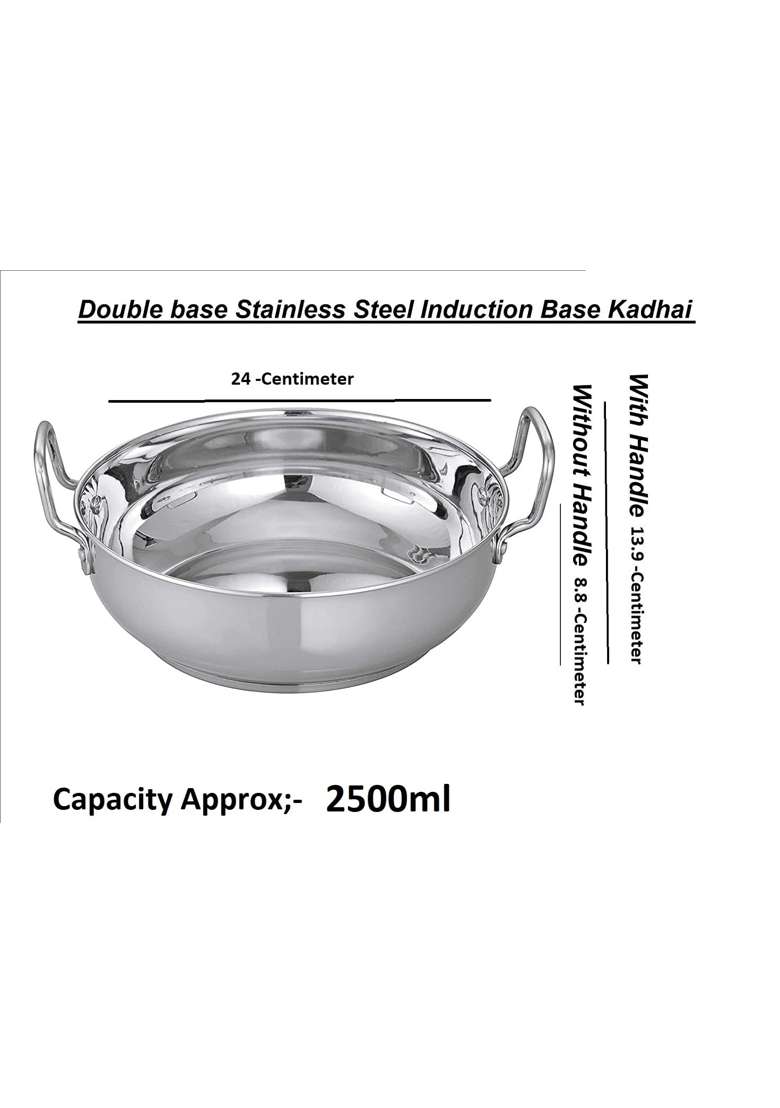 Bartan Star Steel Stainless Induction Base Kadai Wok for Cooking | 2000 ml | 67.6 fl oz - Indya