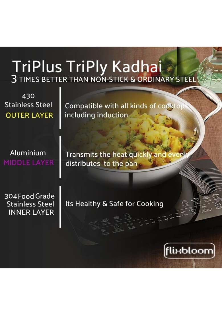 FLIXBLOOM TriPLY Stainless Steel Induction Base Gas Stove Friendly Cookware with S..S. | 2 L | 2.1 Qt - Indya