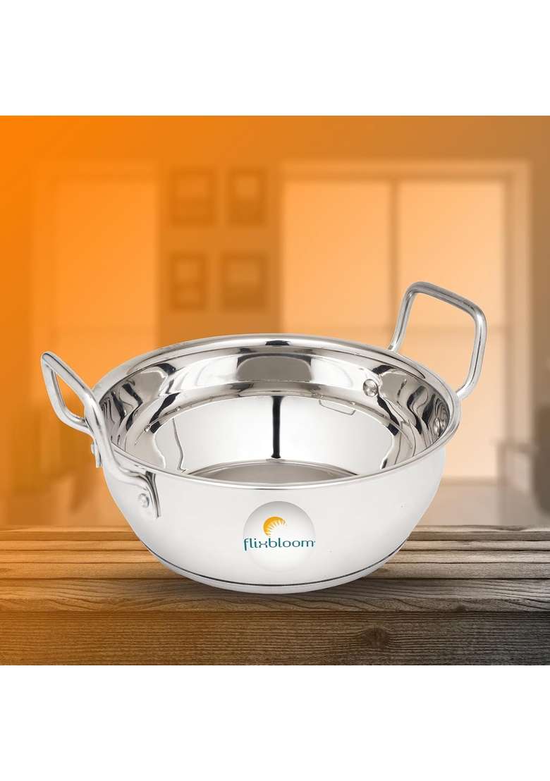 FLIXBLOOM Glossy Stainless Steel Induction Base Cookware Set Kadai Wok for Kitchen Perfect | 4 L | 4.2 Qt - Indya