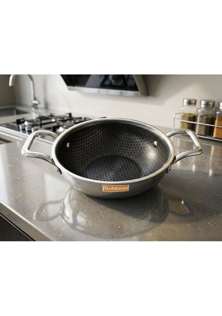 FLIXBLOOM Platinum Triply Thick Guage Stainless Steel Induction Base LPG Friendly Food | 2 L | 2.1 Qt | Non-Stick | Food Safe - Indya