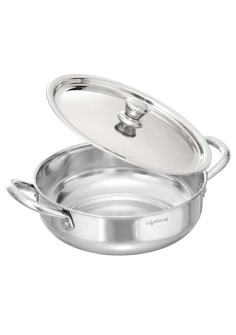 Lifelong Stainless Steel Kadhai Wok with Lid | 2.5 L | 2.6 Qt | 24 cm | 9.4 Inch | Induction Compatible - Indya
