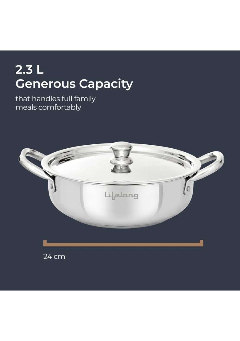 Lifelong Stainless Steel Kadhai Wok with Lid | 2.5 L | 2.6 Qt | 24 cm | 9.4 Inch | Induction Compatible - Indya