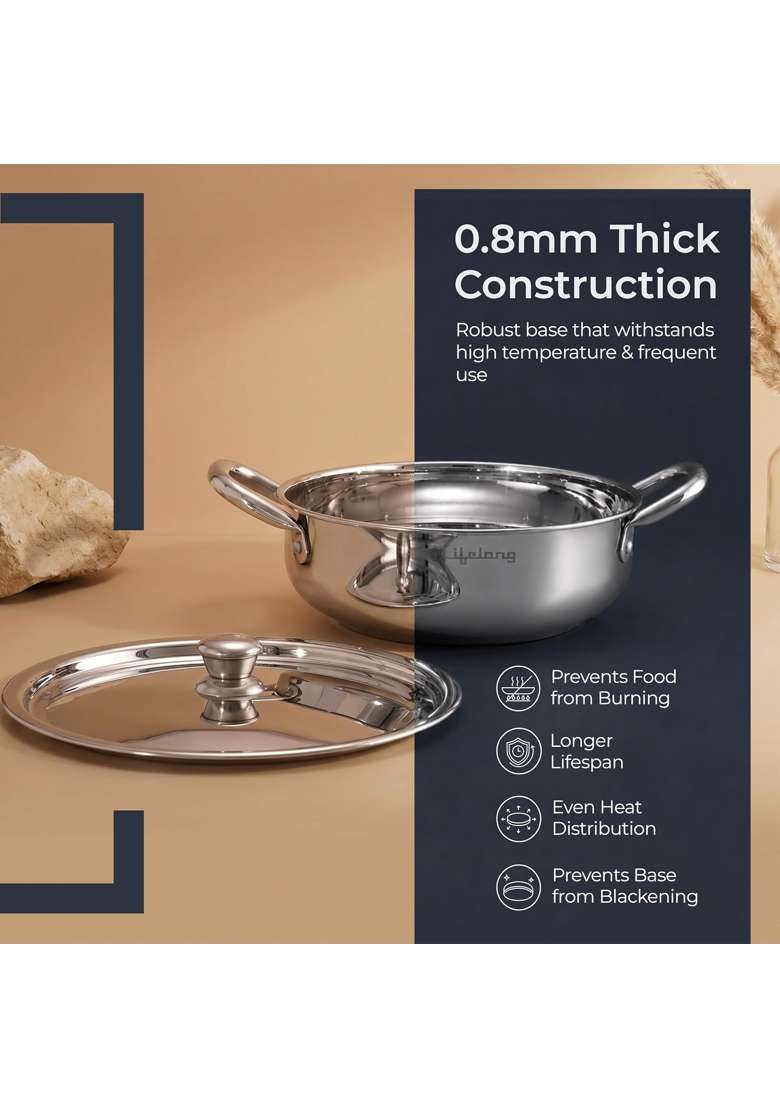 Lifelong Stainless Steel Kadhai Wok with Lid | 2.5 L | 2.6 Qt | 24 cm | 9.4 Inch | Induction Compatible - Indya