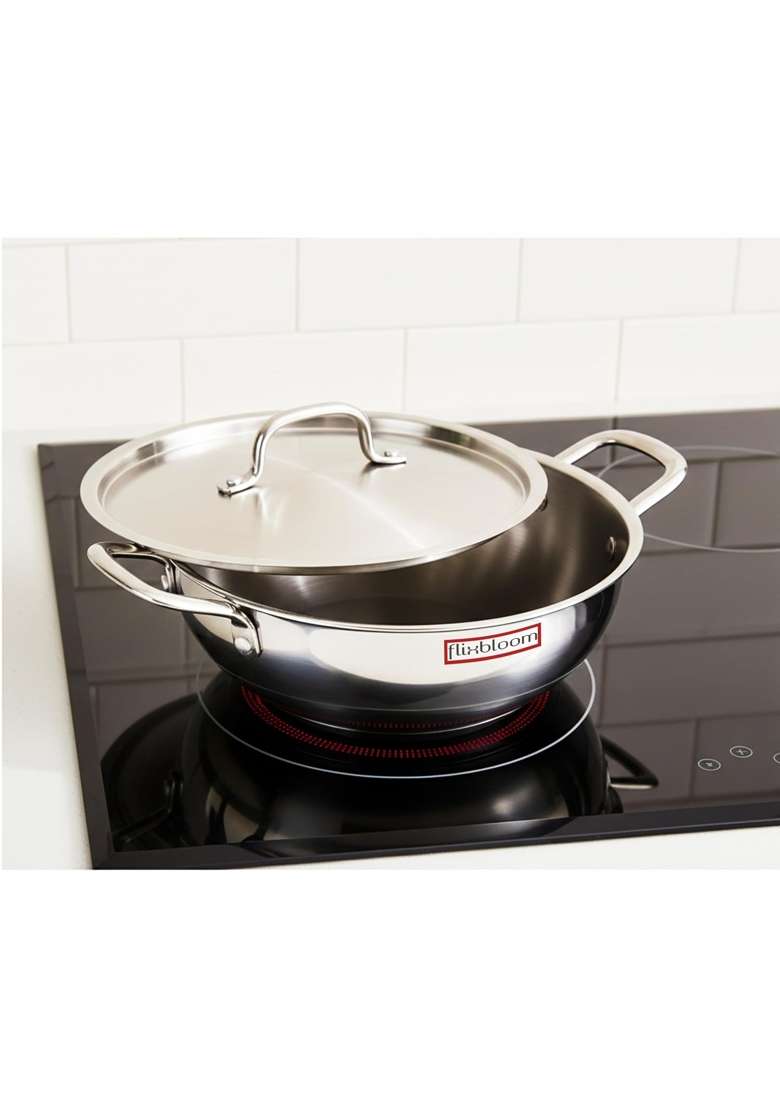 FLIXBLOOM Radiant Triply Thick Stainless Steel Kitchen Cookware Set Induction Base LPG | 2.5 L | 2.6 Qt | With Lid - Indya