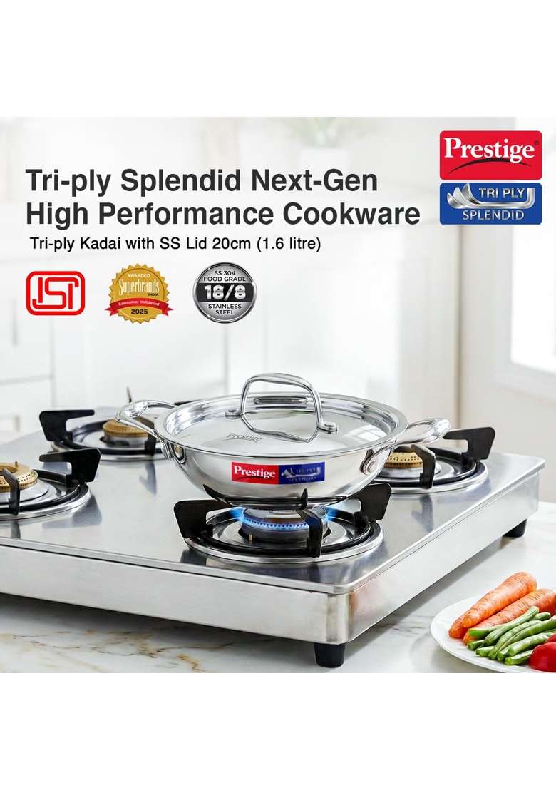 Prestige Tri-Ply Stainless Steel Splendid Kadai Wok with Lid | 1.6 L | 1.7 Qt | 20 cm | 7.9 Inch | Induction Compatible - Indya