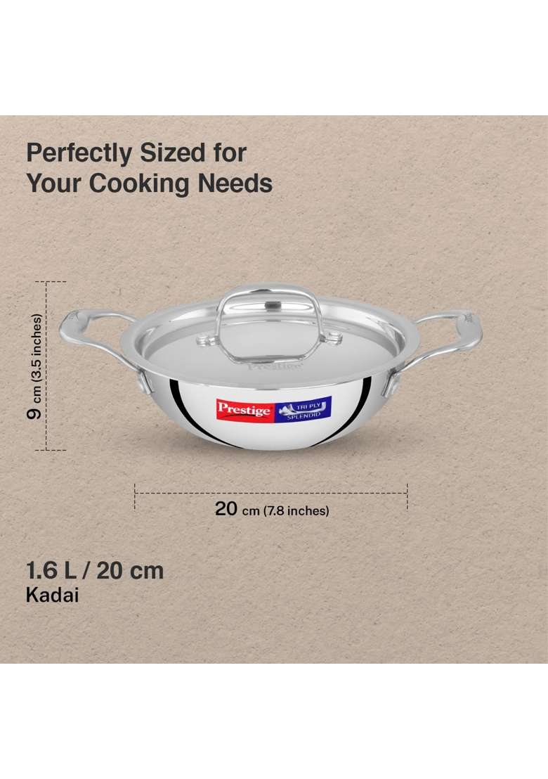 Prestige Tri-Ply Stainless Steel Splendid Kadai Wok with Lid | 1.6 L | 1.7 Qt | 20 cm | 7.9 Inch | Induction Compatible - Indya