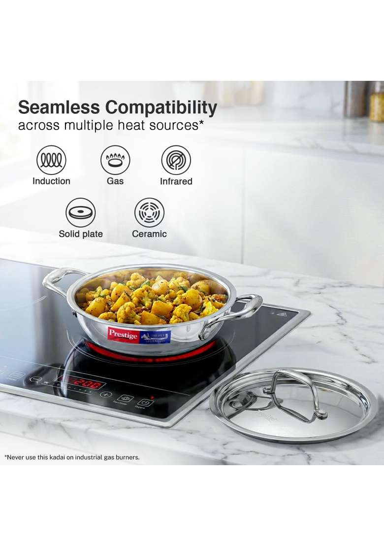 Prestige Tri-Ply Stainless Steel Splendid Kadai Wok with Lid | 1.6 L | 1.7 Qt | 20 cm | 7.9 Inch | Induction Compatible - Indya