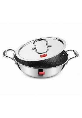 CLASSIC ESSENTIALS Triply Stainless Steel Hexa Honeycomb Kadhai Wok with Lid | 1.6 L | 1.7 Qt | 20 cm | 7.9 Inch | Induction Compatible