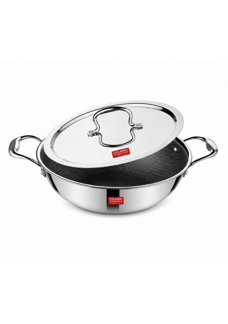 CLASSIC ESSENTIALS Triply Stainless Steel Hexa Honeycomb Kadhai Wok with Lid | 1.6 L | 1.7 Qt | 20 cm | 7.9 Inch | Induction Compatible - Indya