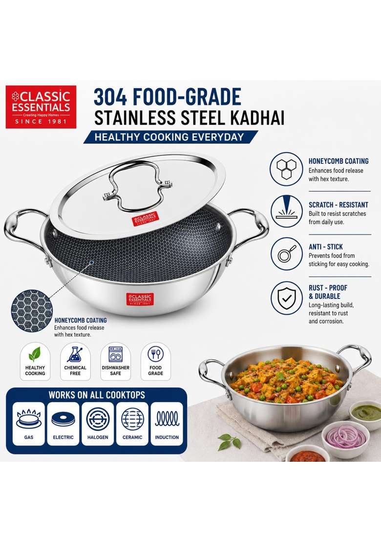CLASSIC ESSENTIALS Triply Stainless Steel Hexa Honeycomb Kadhai Wok with Lid | 1.6 L | 1.7 Qt | 20 cm | 7.9 Inch | Induction Compatible - Indya