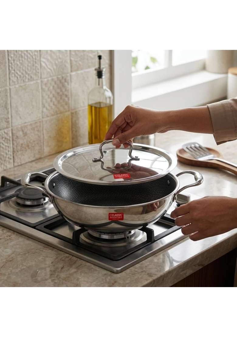 CLASSIC ESSENTIALS Triply Stainless Steel Hexa Honeycomb Kadhai Wok with Lid | 1.6 L | 1.7 Qt | 20 cm | 7.9 Inch | Induction Compatible - Indya